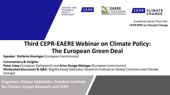 White background with black text "Third CEPR EAERE Climate Policy Webinar: The European Green Deal" with CEPR logos 